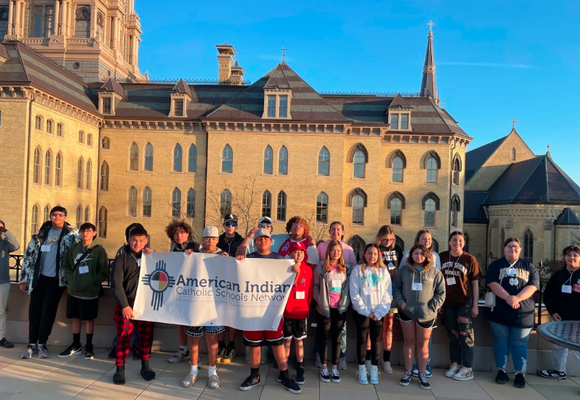 AICSN Middle Schoolers in front of the Main Building at Notre Dame