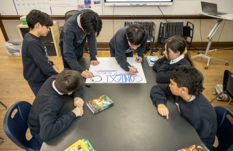 Students in a circle writing on a poster